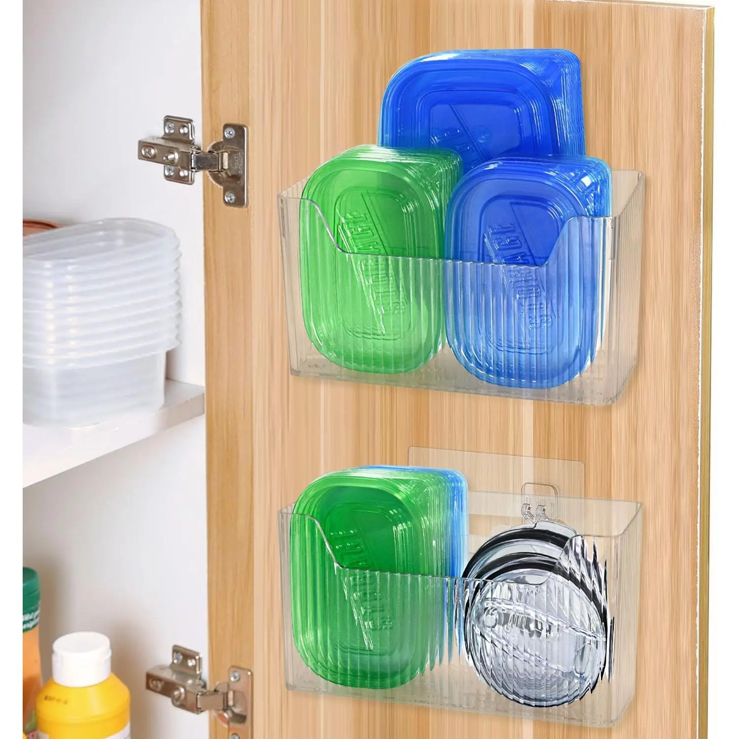 2 Pack Adhesive Cabinet Door Organizer Storage , Clear Lid Organizer Inside Cabinet Wall Mounted Pantry Door  for  Container Lid Kitchen Under Sink Basket (Clear)