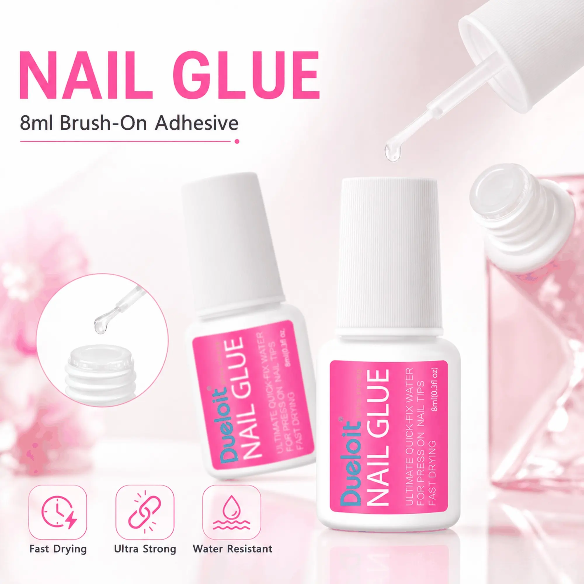 Dueloit 8ml/2PCS Brush‑On Nail Glue, Salon‑Grade With Built‑in Brush, Fast Dry No Lamp Needed, Ultra‑Strong Waterproof Low‑Odor Leak‑Resistant, For Nail Lovers Home & Salon, Press‑On Nails, False Tips & Rhinestones