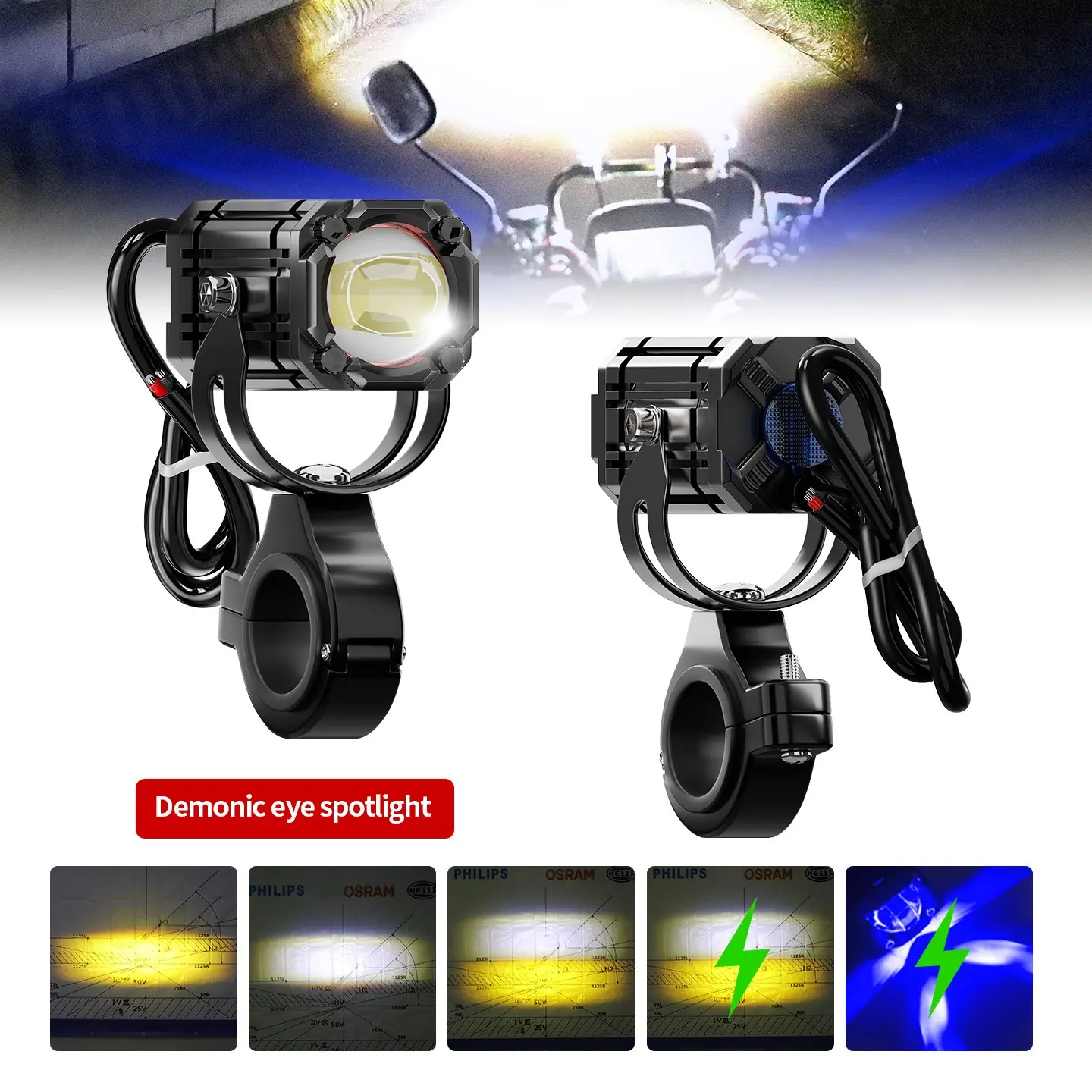2-Pack LED Motorcycle Auxiliary Front Lights, Demon Eye High-Low Beam Work Light, Driving Lights, Motorcycle LED Spotlight, 4 Modes, Flashing LED Headlight, Road Legal