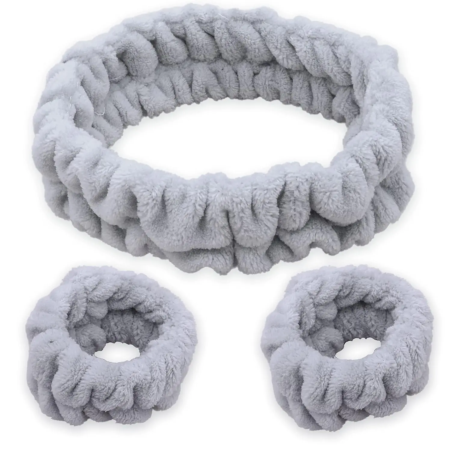 Headband and Wristbands for  Washing, Fuzzy Skincare Make Up Headbands Set for Women, Soft Puffy Makeup  Care Facewashing Hair Band Accessories for Girls (Gray)