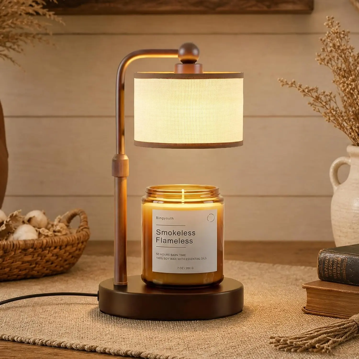 Modern Farmhouse Candle Warmer Lamp with Timer, Electric Wax Warmer for Jar Candles, Includes 2 Bulbs, Perfect Housewarming Birthday Gift for Women Mom Her - Brown Round