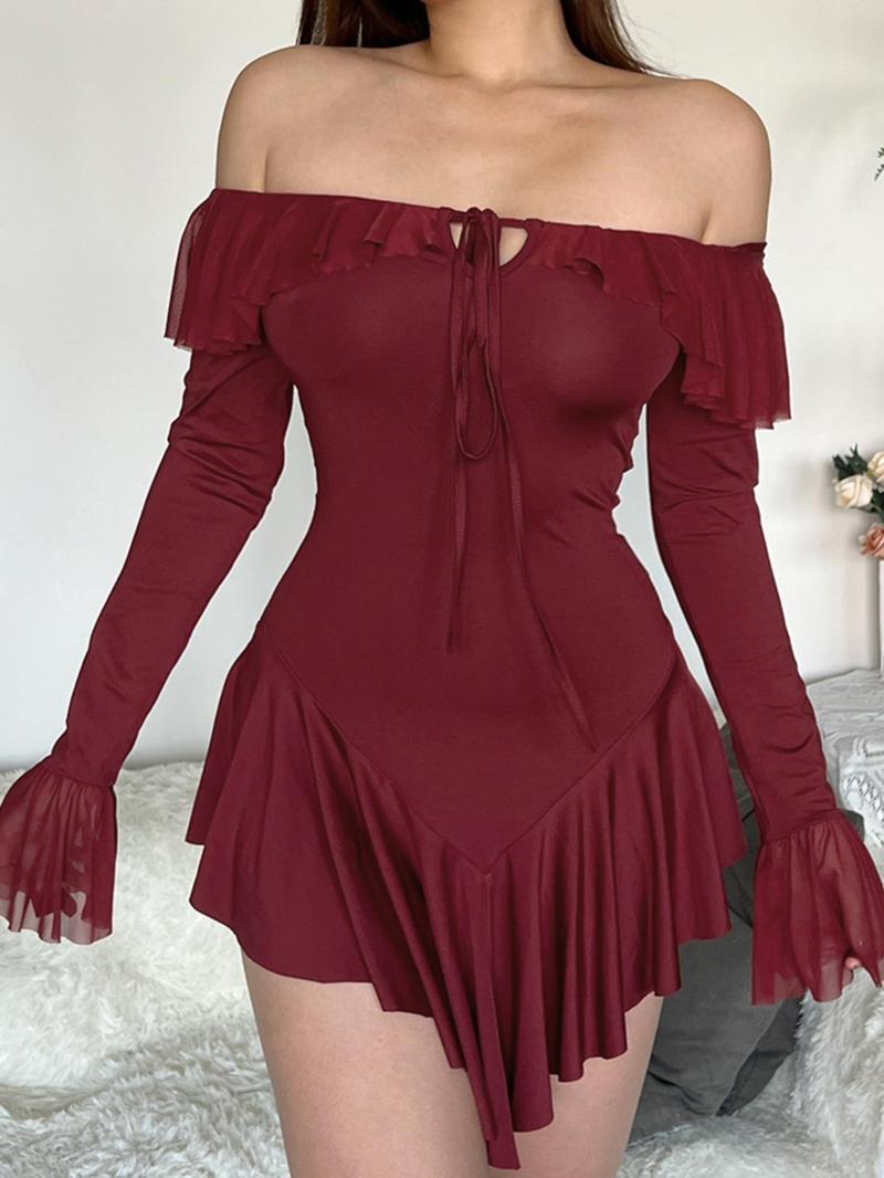 Women's Off Shoulder Ruffle Asymmetrical Hem Tie Front Dress, Lady Sexy Chic Solid Color Flounce Sleeve A Line Dress for Spring & Fall, Fashion Women's Clothes for Daily Wear, Womenswear