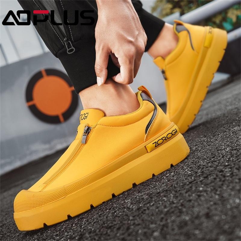 AOPLUS Men's Slip-On Sneakers – Stylish Black Zipper Shoes with Platform Sole