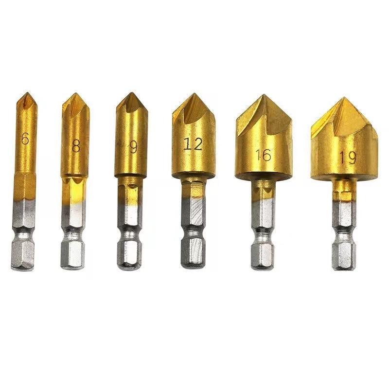 Six-piece woodworking chamfering tool set, five-blade chamfering knife, wood countersink drill, deburring tool, woodworking hole opener set Six-piece woodworking chamfering tool set, five-blade chamfering knife, wood countersink drill, deburring tool, woodworking hole opener set