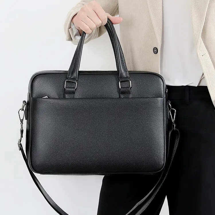 Men's Plain Pebble Texture Black PU Leather Briefcase - 15.6in Minimalist Casual Cross-Border Computer Bag, Adjustable Shoulder Strap, Zipper Closure, Lightweight, Waterproof, Easy-To-Wipe-Clean, Large-Capacity, Durable for Business Trip