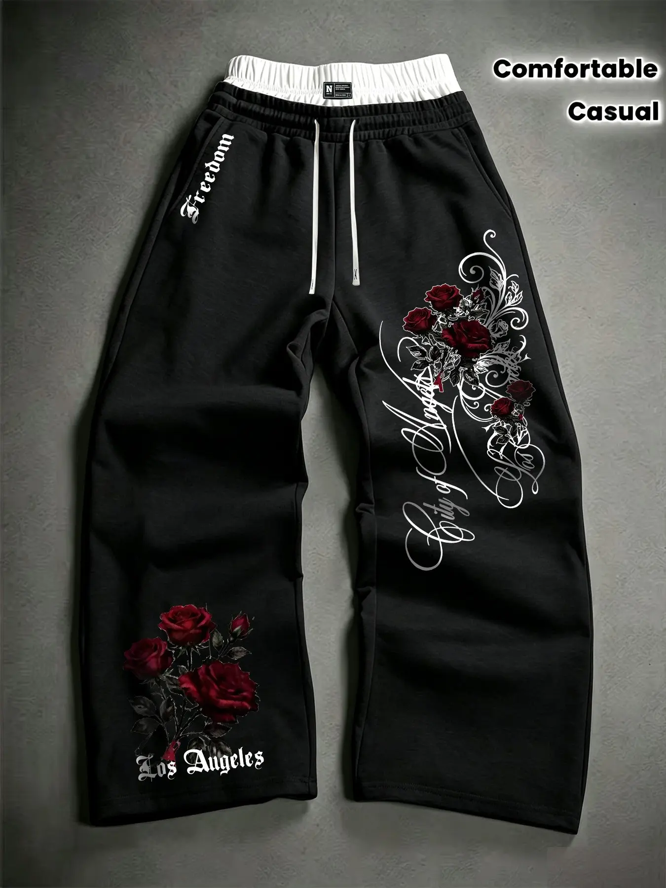 American Vintage Rose Print Wide Leg Sweatpants, Gothic Script Drawstring High Waist Loose Fit Men's Casual Long Pants
