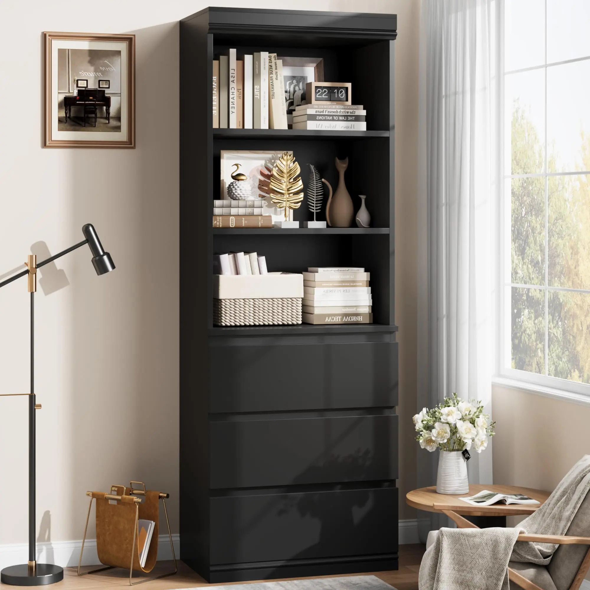 70 in Bookcase with Drawers, Tall Bookshelf Farmhouse Bookcases Wooden Deep Bookshelves Storage Cabinet Organizer for Living Room, Study, Kitchen, Home Office