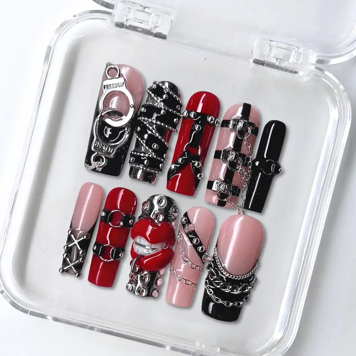 10 PCS Handmade Medium Square Press-On Nails - Edgy Sweet Style, Pink-Black Gradient Bases, 3D Handcuff & Silver Chain Bangle Embellishments, All Seasons, Solid State (Beauty & Personal Care Nail Art Accessories), Handmade Press On Nails, 3D Embellished