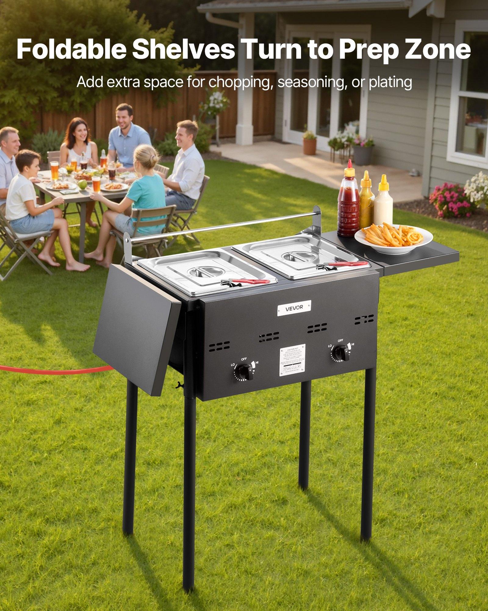VEVOR Outdoor Propane Deep Fryer, Dual-Tank 8QTx2 Commercial Fryer, Stainless Steel Cooker with Foldable Platform, Dual Basket, and Heat Adjustment, Floor Standing Fryers for Restaurant Home Snack Bar VEVOR Outdoor Propane Deep Fryer, Dual-Tank 8QTx2 Commercial Fryer, Stainless Steel Cooker with Foldable Platform, Dual Basket, and Heat Adjustment, Floor Standing Fryers for Restaurant Home Snack Bar