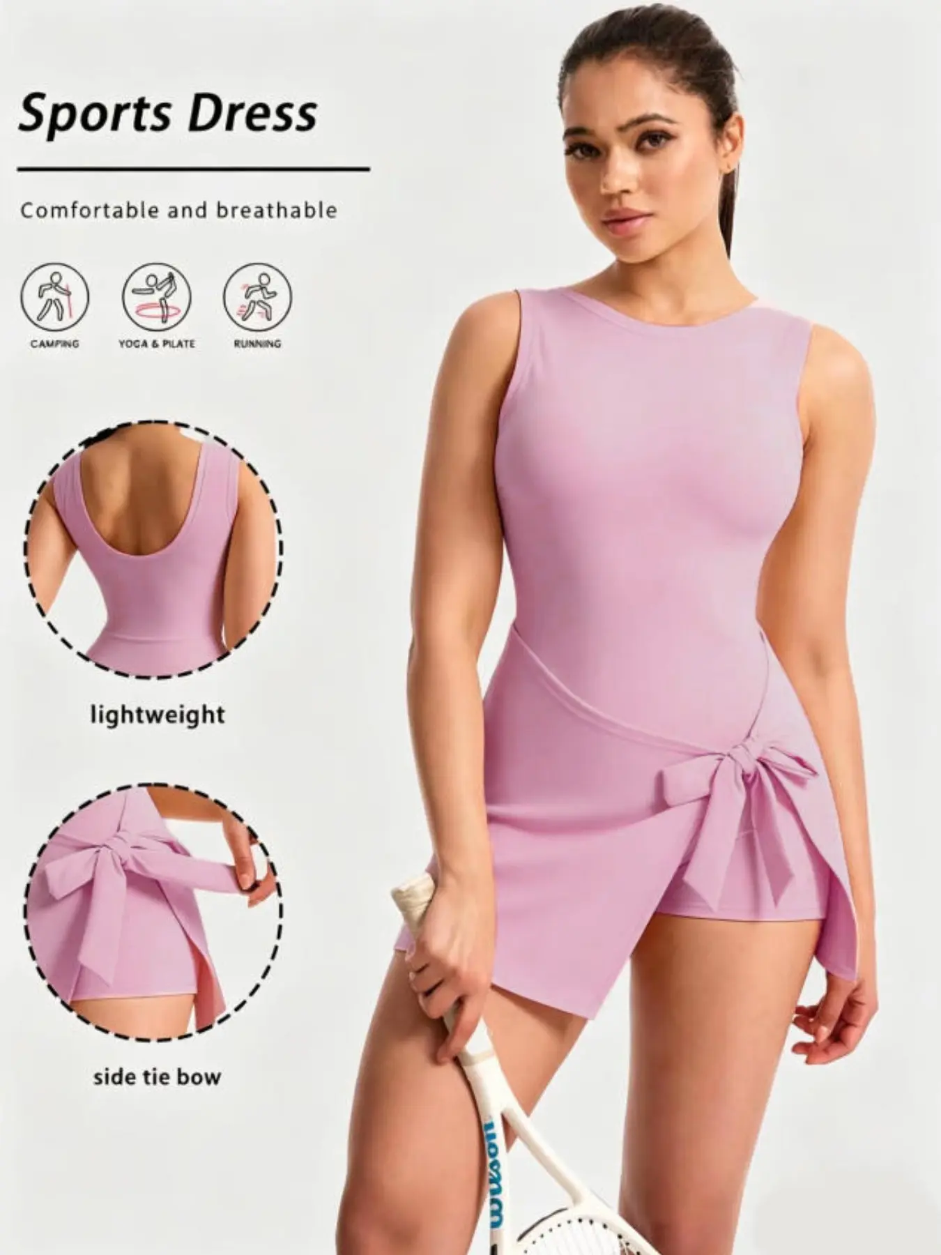 Women's High Stretch U-Back Sporty Romper, Fake Two-Piece Butterfly Hem, Fashionable Casual Tennis, Above the Knee Length, Summer Sports Jumpsuits, Workout Rompers