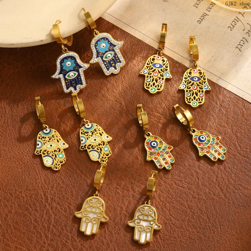 Gold‑Tone Hamsa Hand Shell Inlay Dangle Huggie Earrings✨Bohemian Evil Eye Vintage Drop Earrings, Retro Fashion Jewelry for Women Daily Party