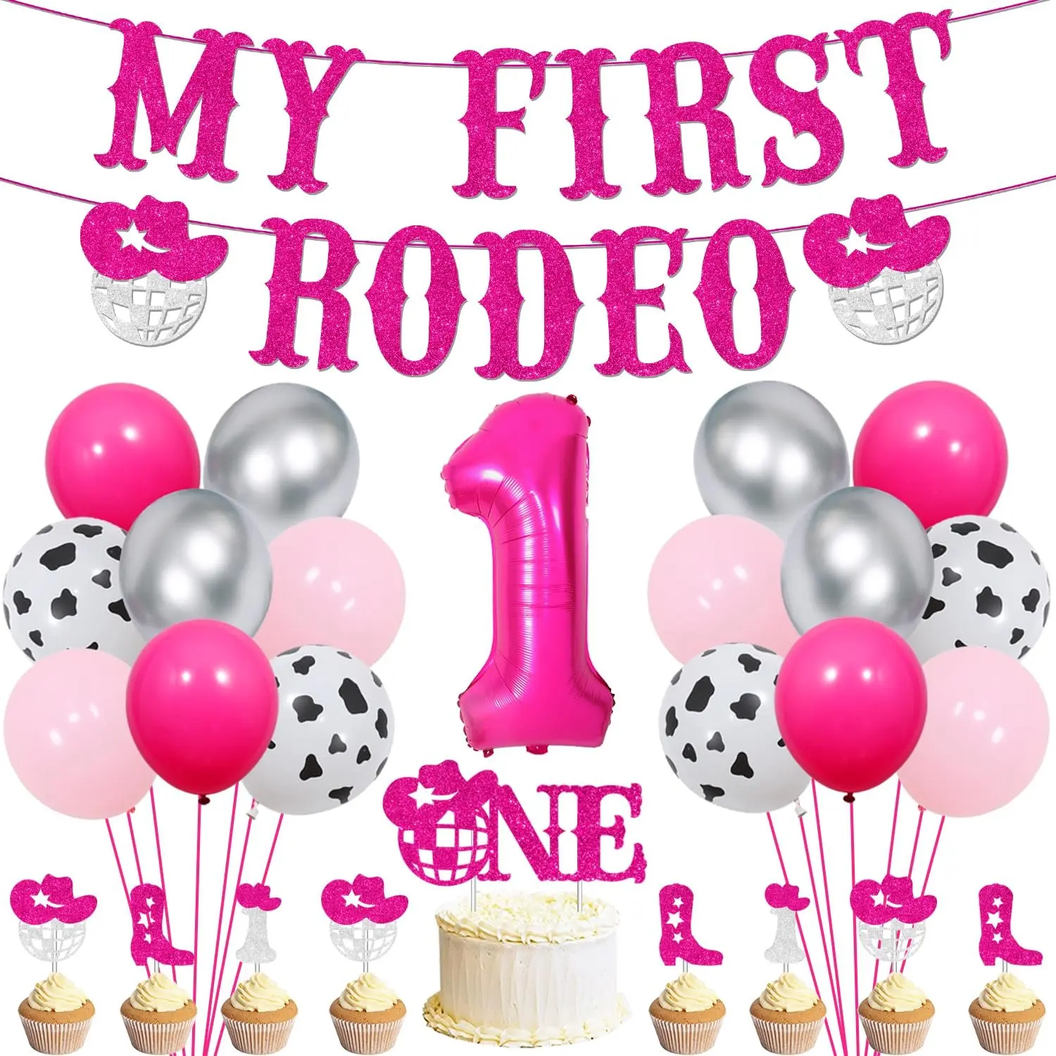 1Set Space Cowgirl 1anniversary Birthday Decoration Western Disco First Rodeo Birthday Party Decor Rose Red Silver My First Rodeo Glitter Paper Banner Cake Toppers for Lets Go Girls First Birthday Supplies