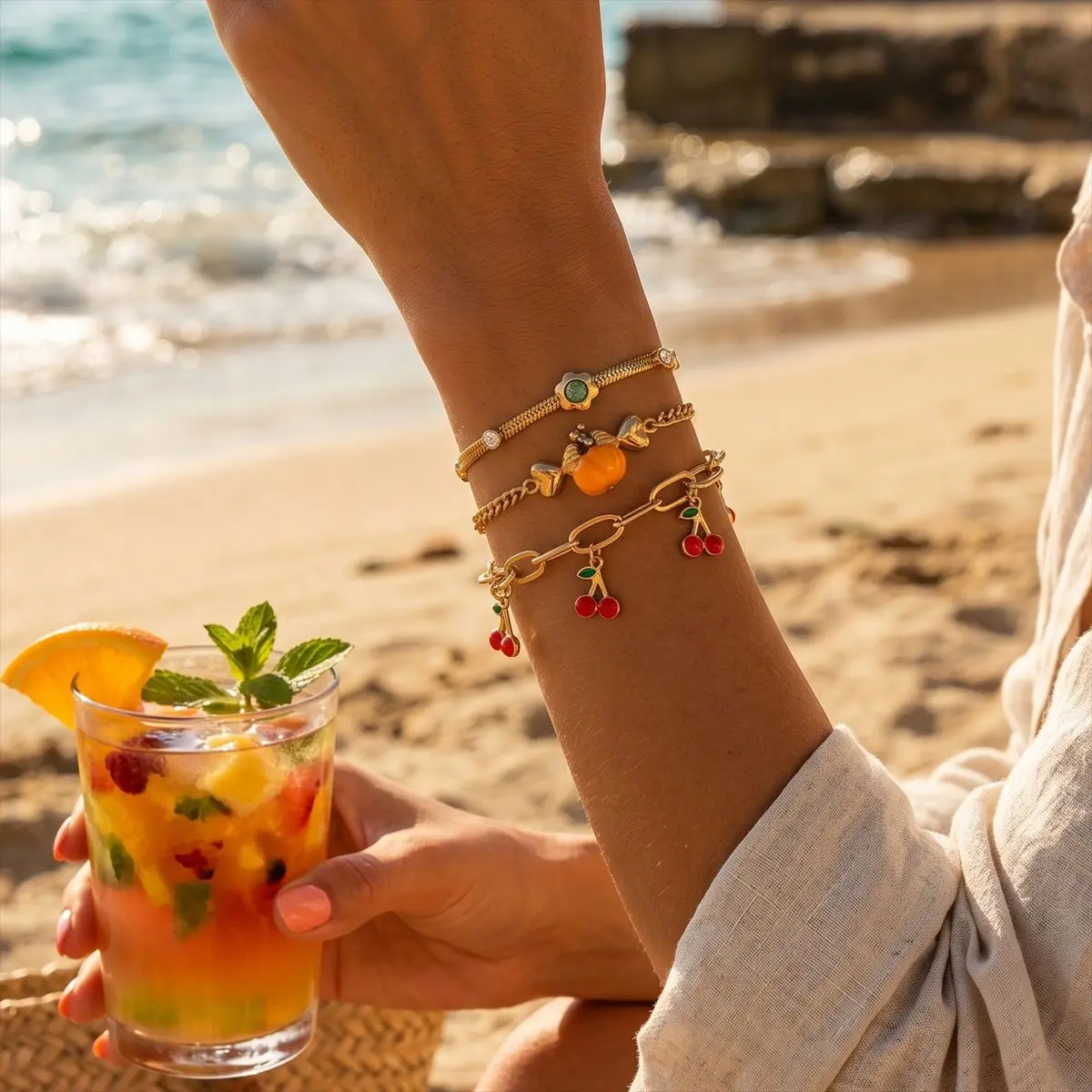 Gold Fruit Charm Bracelet Cherry Orange Dangle Delicate Chain Beach Glow Main Character Energy Effortless Glamour Summer Stackable Lightweight Single