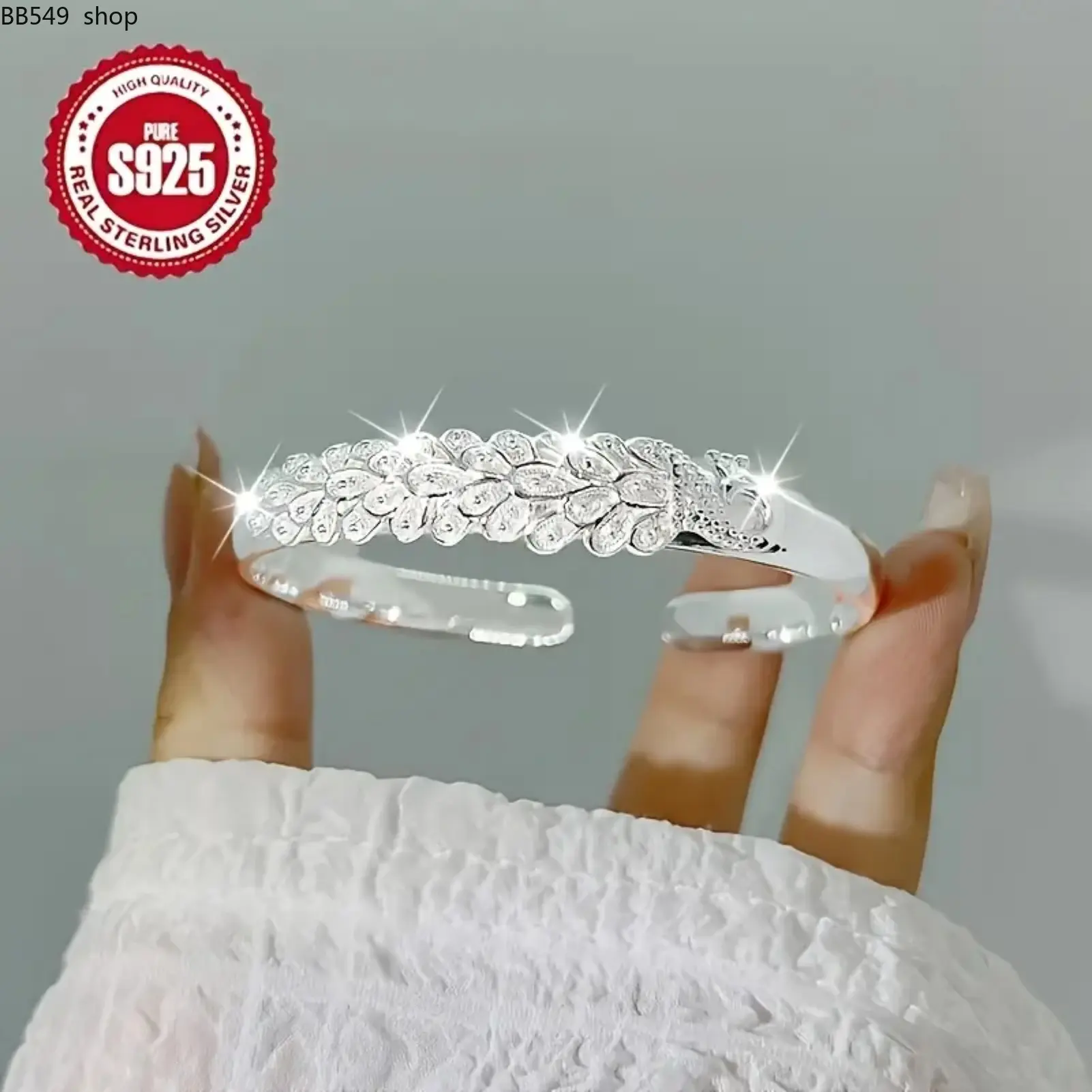 925 Silvery Low Allergy Open Bracelet, Silvery Peacock Open Bracelet, Versatile Fashion Relief Adjustable Mother's Bracelet, Temperament And Personality Hip Hop, Gift For Couples, Best Friends, Daily Wedding Banquet, Beach Vacation, Thanksgiving