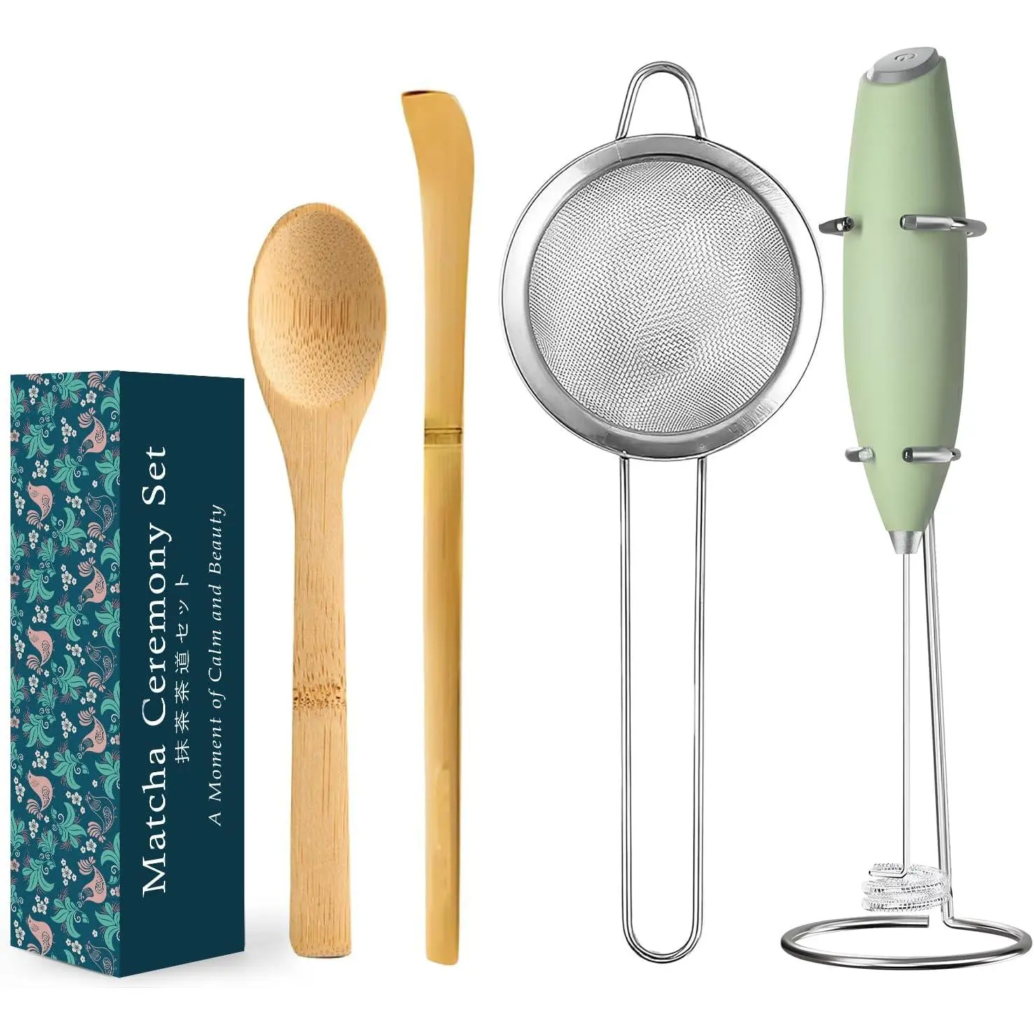 Electric Matcha Whisk Set 4 count Matcha Making Kit  Mixer Electric Milk Frother Traditional  Scoop Chashaku, Spoon, Sifter, Durable Coffee Stirrers Maker Tools  for Lovers Beginner