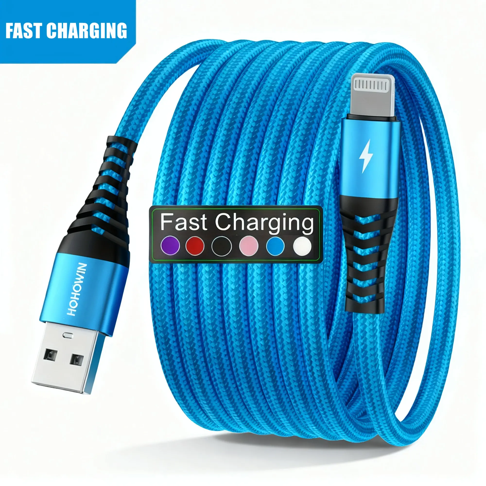 Fast Charging USB Lightning Cable, Nylon Braided Anti-Tangle Cord, Compatible with iPhone 14/13/12/11 Pro Max, XR, XS, X, 8, 7, 6 Plus, SE, iPad and More