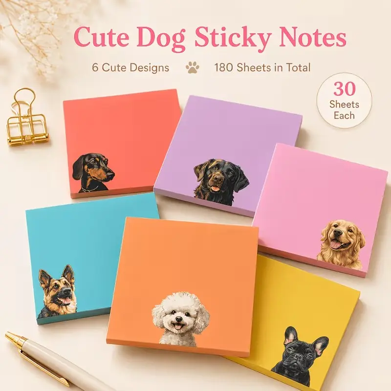 6 Pads Cute Dog Sticky Notes with Illustrations Suitable for Dog Lover Gifts, Kawaii Self-Stick Notepads with Adhesive Pages, 7.62cm x 7.62cm Square Memo Pads for Office Desk, School Supplies, Decor, Journals, Planners - Instant Organization Accessories