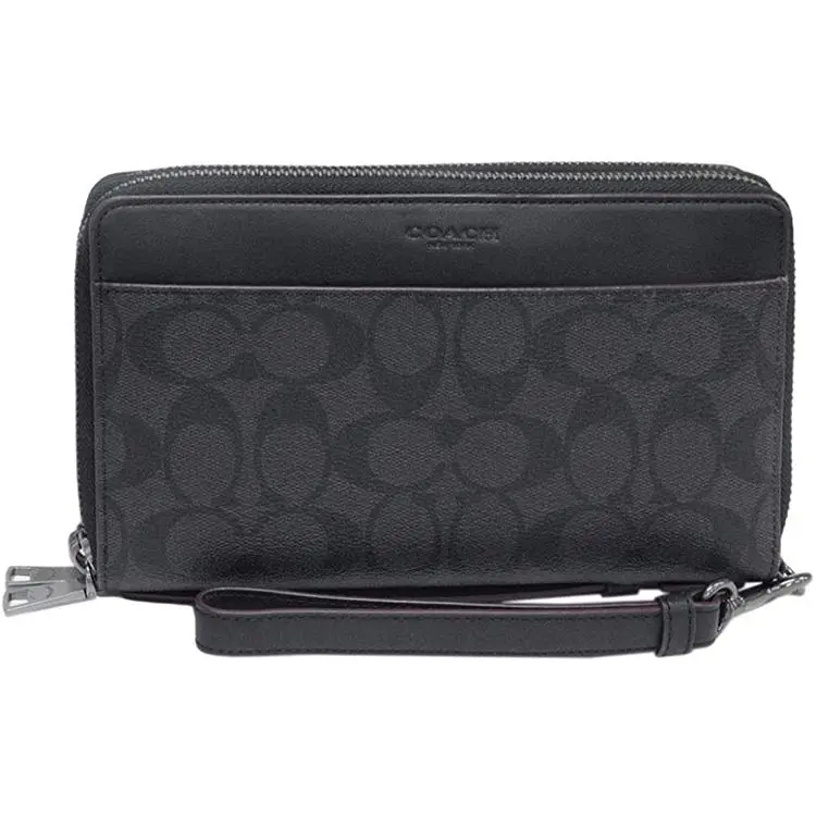 COACH Double Zip Wallet for Men – Classic Monogram Coated Canvas and Leather, Small Black Wallet