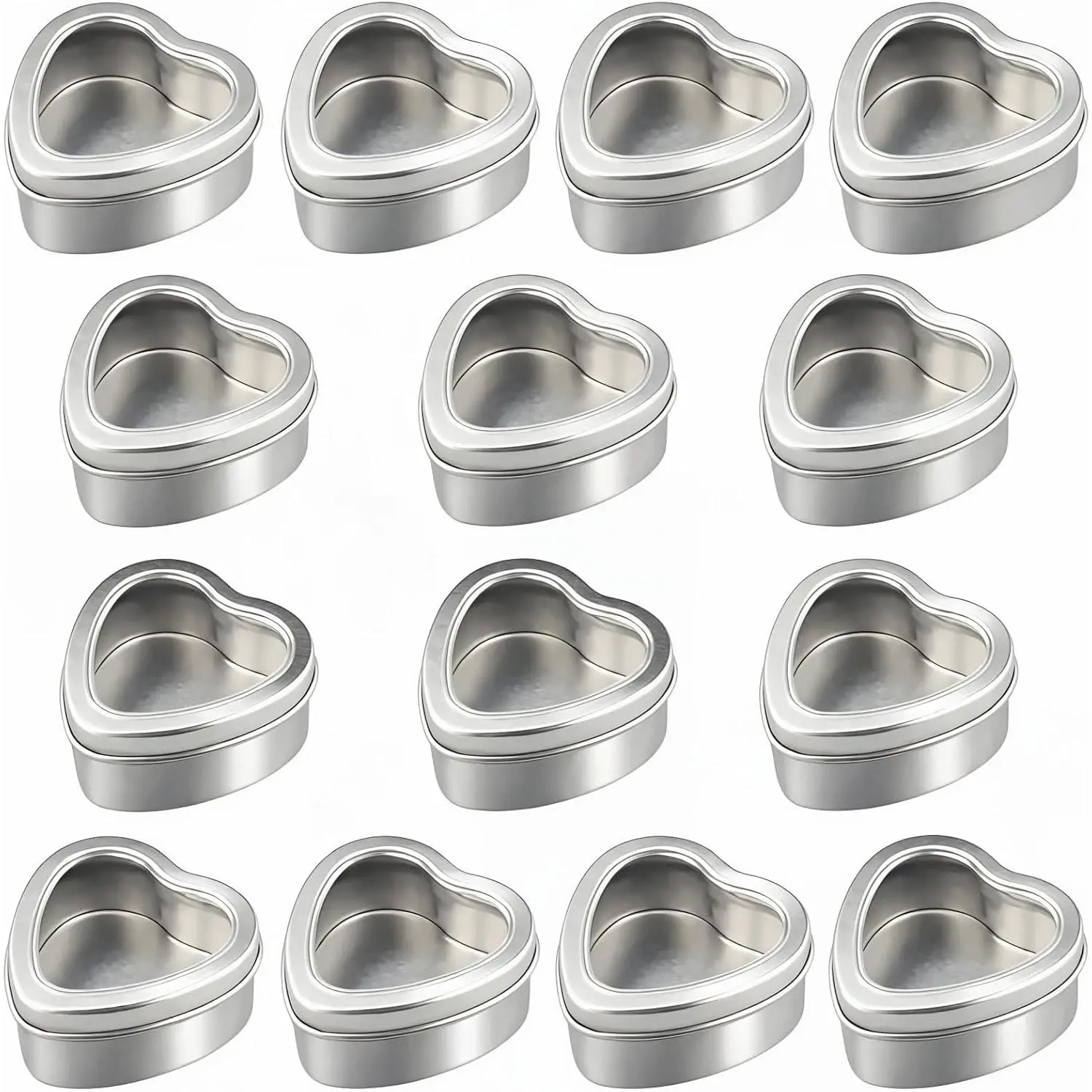 14-Pack 2oz Heart Shaped  Metal Tins with Clear Window | Empty, For Candle Making, For Candies, For Gifts & Treasures