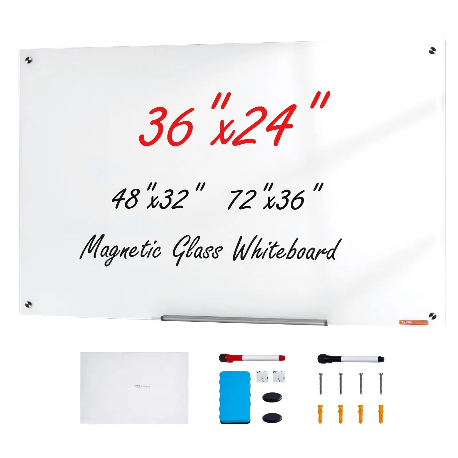 VEVOR Magnetic Glass Whiteboard, Dry Erase Board 36" x 24", Wall-Mounted Large White Glassboard Frameless, with Marker Tray, an Eraser and 2 Markers, White