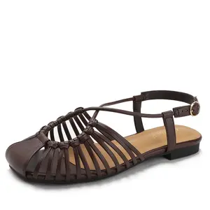 Women's Closed Toe Woven Flat Sandals - No Heel, Aesthetic Casual Summer Shoes with Breathable Hollow Out, Adjustable Buckle Slingback Design, Aesthetic Women's Casual Sandals