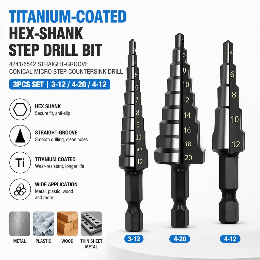 Straight‑Groove Conical Micro Step Countersink, Titanium‑Coated Hex‑Shank 4241‑6542 Drill Bit