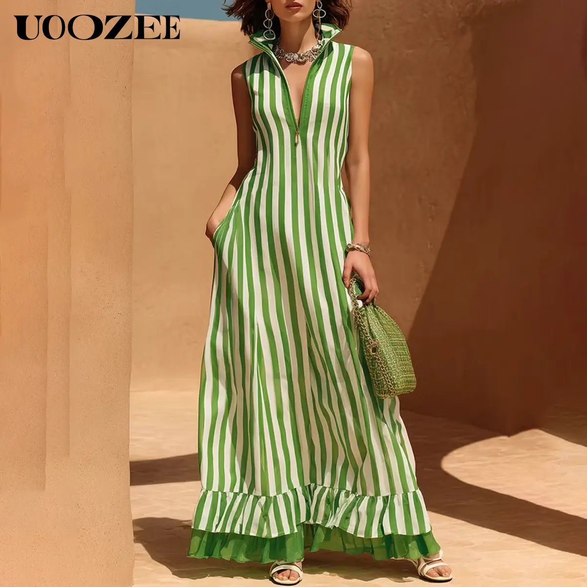 UOOZEE Women's Sleeveless Vertical Stripe Maxi Dress, Stand Collar Half Zip Ruffle Hem A Line Dress With Side Pockets, Slim Fit Casual Beach Long Summer Vacation Dress, Size Up 2 For Curvy & C Cup+ Figures