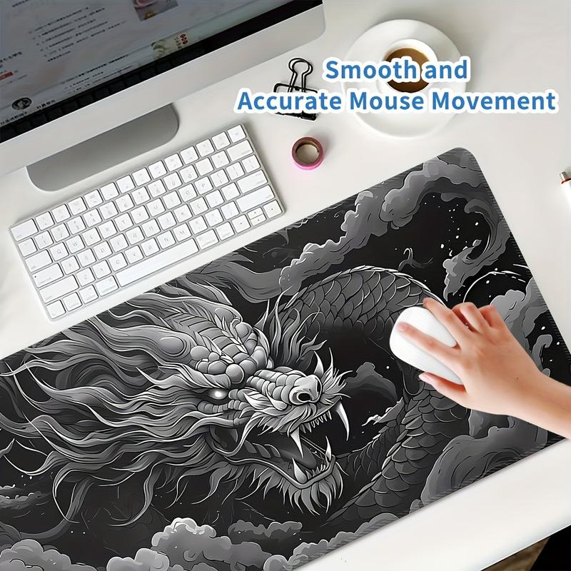 Extra-Large Dragon Gaming Mouse Pad - Monochrome Design with White & Black Artwork, Washable & Durable Rubber Base, Precision Stitched Edges - Ideal
