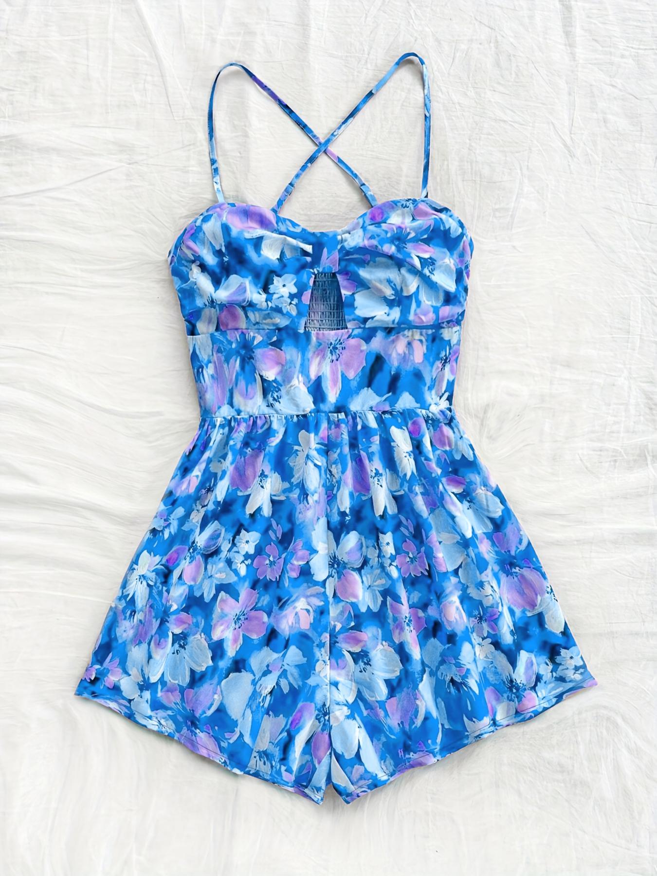 Women's Floral Print Cut Out Fitted Romper, Casual Sleeveless Romper for Summer, Fashion Women's Clothes for Beach Holiday Vacation