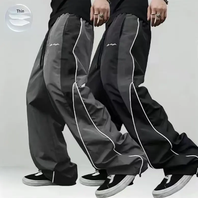 Men's Embroidered Color-Block Track Pants with Side Stripes, Loose Straight Leg Polyester Joggers with Drawstring Waist for Gym Streetwear, Male, Embroidery, Men's Stuff, Streetwear Outfits, Loose Fit, Embroidered Sweatpants, Athleisure Casual Bottoms