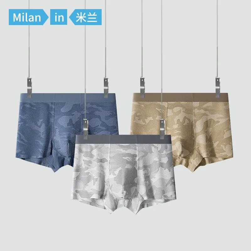 Men's 4-Pack Seamless Mid-Waist Ice Silk Cool Camouflage Mesh Boxers, Menswear with Dual Pouch Crotch, Elastic Letter Tape, Breathable Cotton Fabric, Basic Plain for Daily Home Wear & Active Use (Boxers/Trunks), Antibacterial, 4-Pack, One Of Each Color