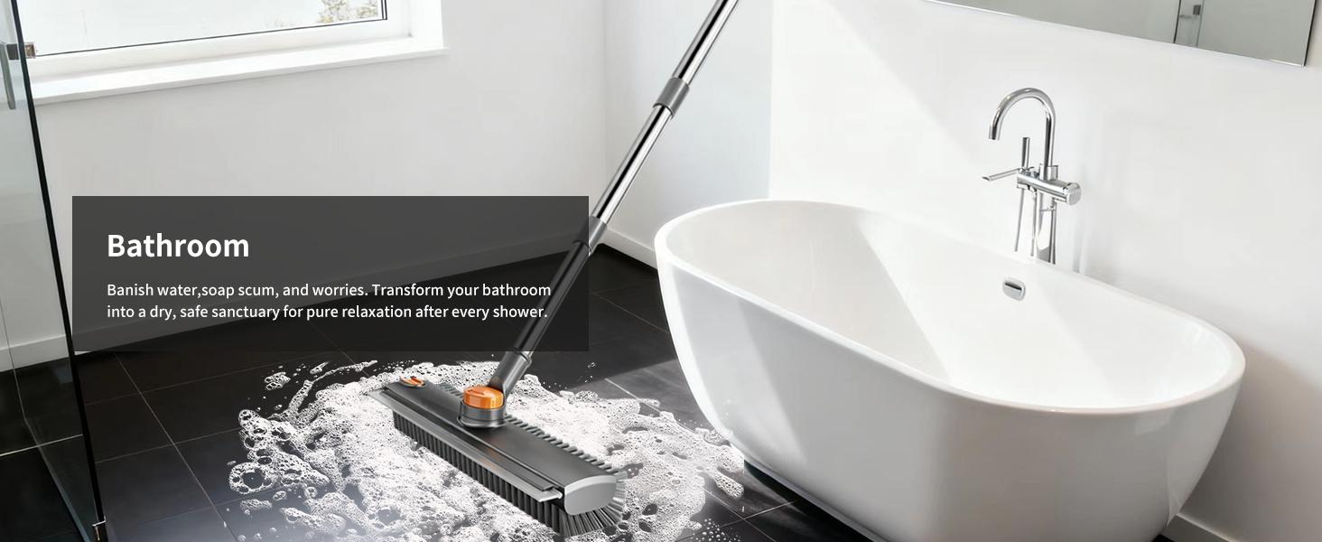 3 in 1 Floor Scrub Brush,Floor Scrubber with Squeegee and Tweezer, Push Broom with Long Handle,Heavy-Duty Stiff 90 °   Bristle Broom for Patio,Shower, Garage,Deck,Tile, Concrete & Wood Surface
