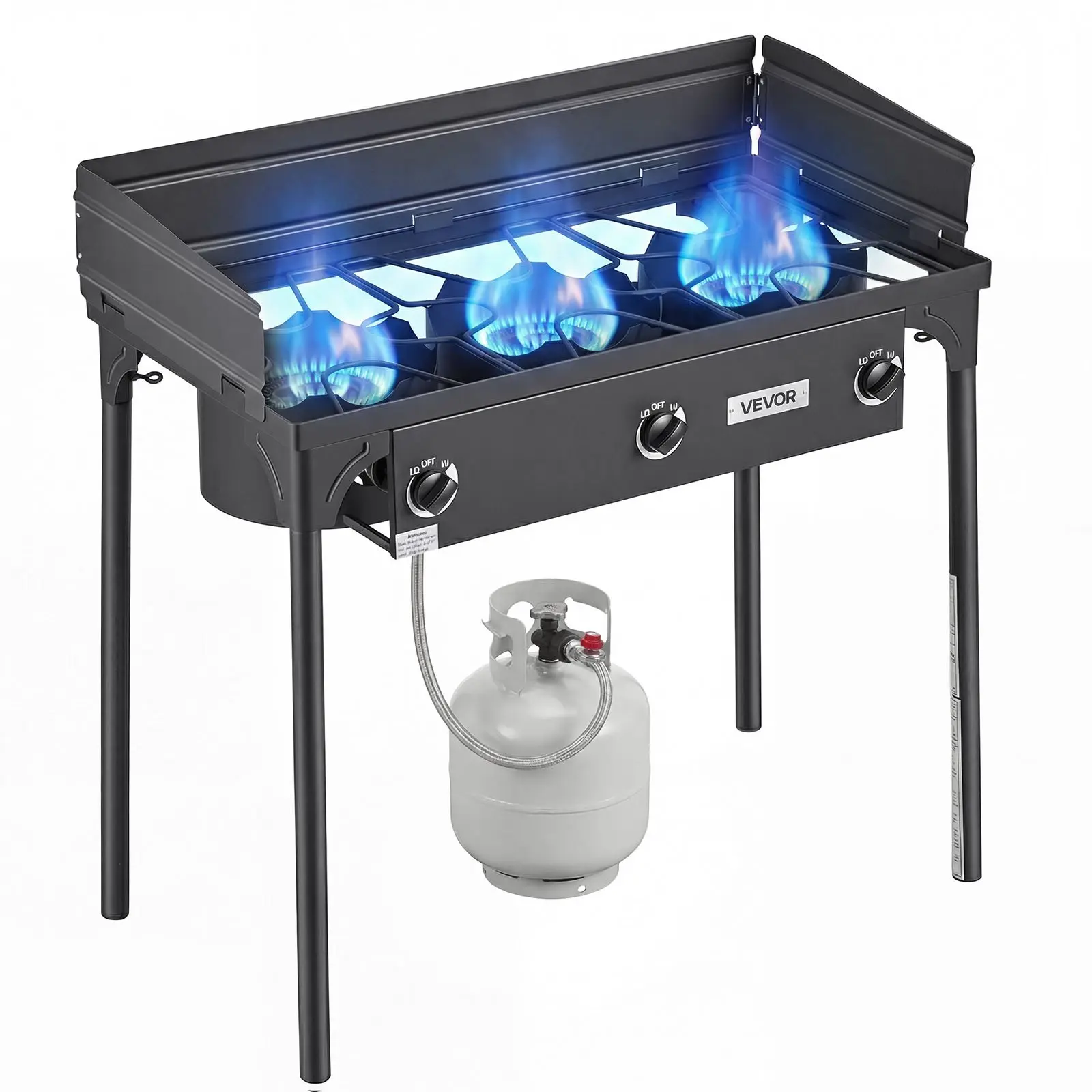 VEVOR 3-Burner Compact Foldable Outdoor Propane Gas Stove, 225000 BTU LPG Cooker, Heavy-Duty Carbon Steel Unit with Tall Shield Stand & Regulator, for Backyard Grilling, Parties, Food Trucks, Cast Iron, 3 Burners