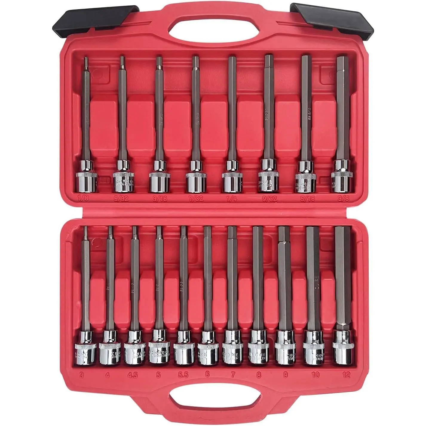 3/ 8inch Extra-long hex socket set, 19-piece set of standard SAE and metric hex sockets, S2 alloy steel, car repair tools
