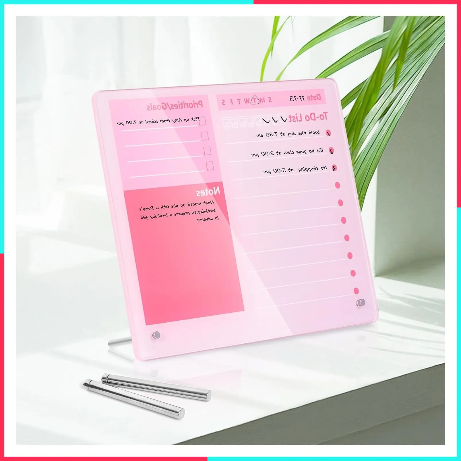 Thickened Acrylic Dry Erase To Do List Board - 12"x10" Tabletop Whiteboard with Stand, Frameless Pink Desktop White Board for Office Home School
