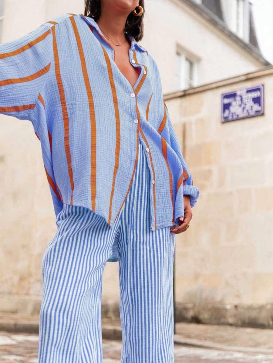2026 European and American autumn and winter new long-sleeved button-up cardigan women's striped shirt women's vintage striped