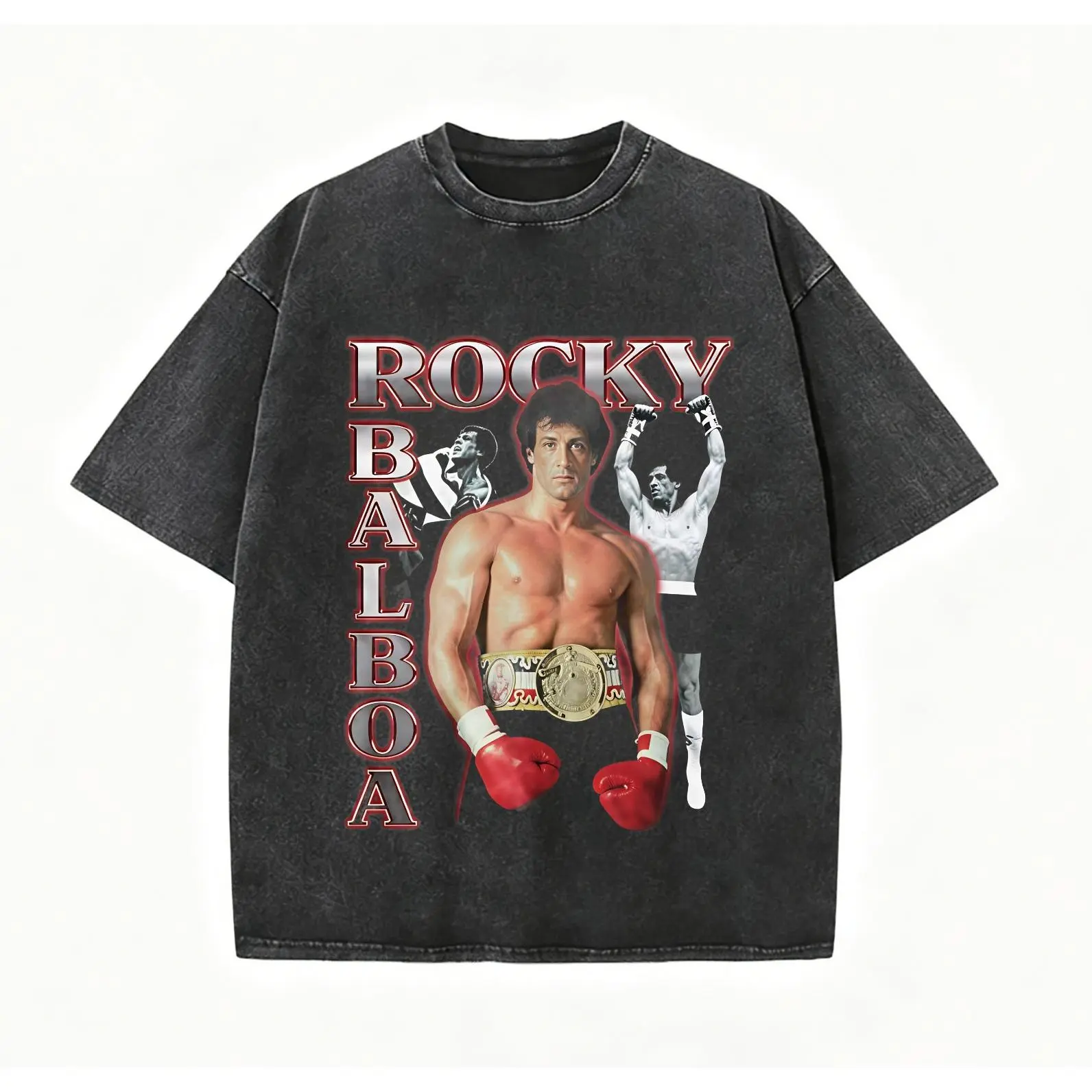 Classic Rocky Balboa Boxing Graphic T-shirt, Unisex Pure Cotton Crewneck Tee, Full Front Nostalgic Movie Hero Champion Illustration Crewneck For Sports Casual Daily Outfits