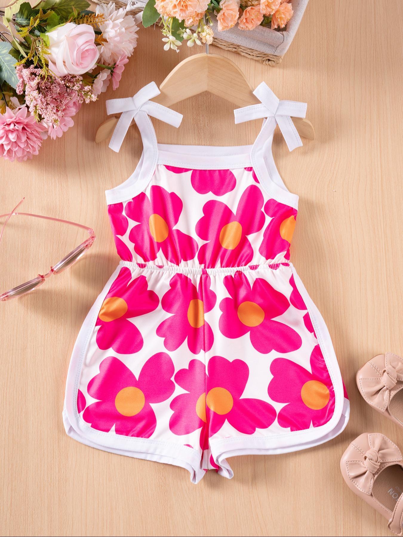 Toddler Girl's Floral Print Bow Tie Waist Romper, Cute Sleeveless Romper for Holiday Vacation, Toddler Outfit, Kids Clothes for Summer, Baby Girl Clothes
