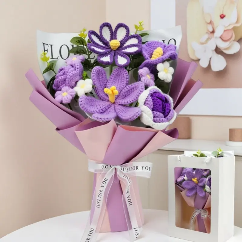 Purple Crochet Flower Bouquet with Gift Box, Hand-Knitted Eternal Flowers, Ready-to-Gift Set for Women, Birthday, Christmas Gift, Wedding, Home Decor