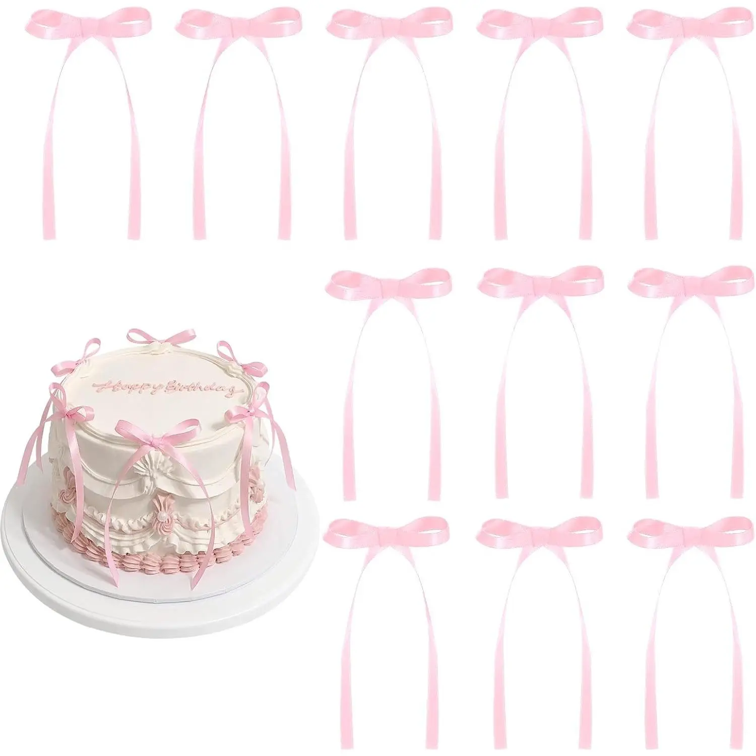 30 Pack Pink Bow Cake Toppers Coquette Themed Pink Ribbon Bow Cupcake Toppers for Birthday Baby Shower Bridal Engagement Wedding Bachelorette Party Decorations