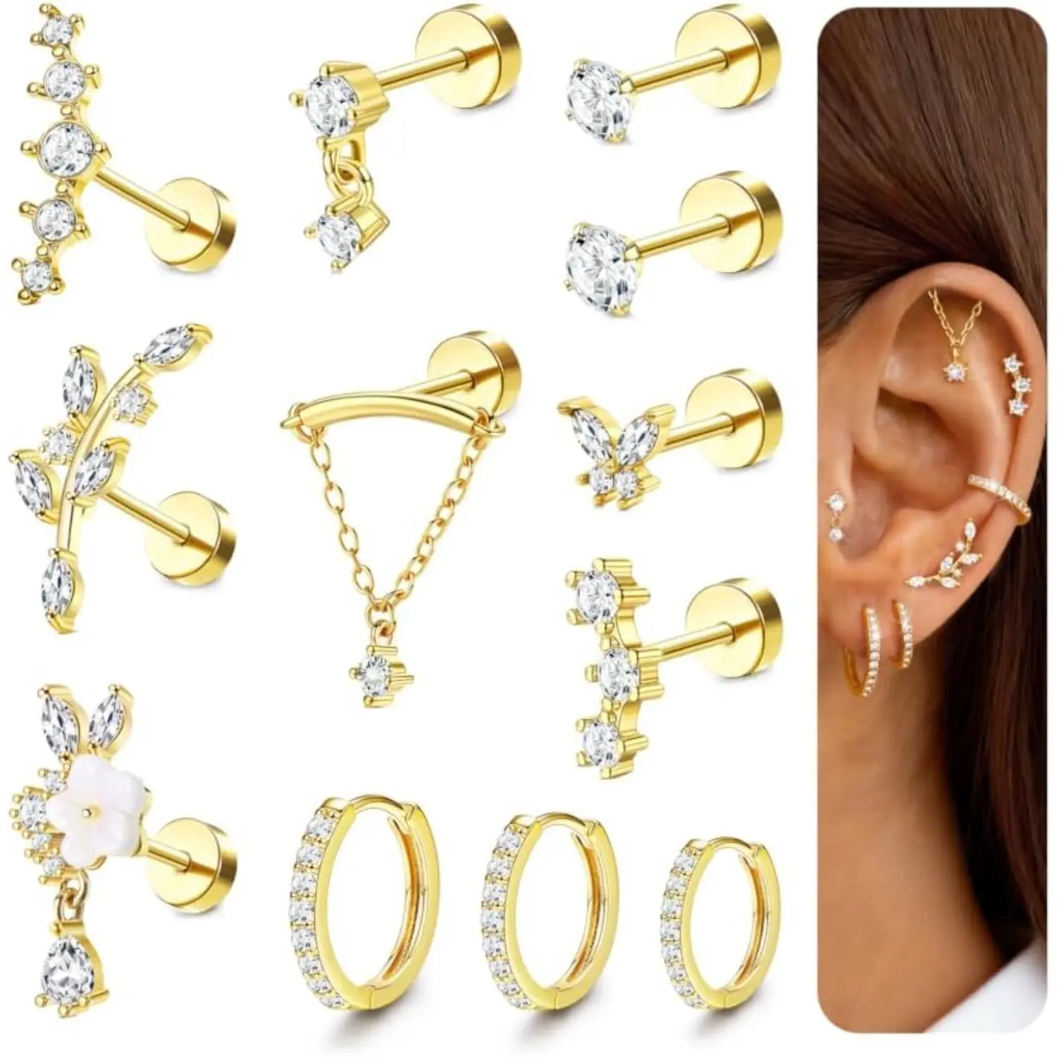 Trendy 12 pairs Hypoallergenic Cartilage Earrings for Women,Flat Back Earring Stacks,Stainless Surgical Steel,Sensitive Ears,Flatback Stud,Hoop,Earring Set,Tragus Conch Daith Helix Piercing Jewelry