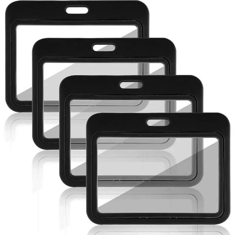 2D Double-Sided Transparent Durable Plastic Horizontal ID Badge Holder 4-Piece Set, Suitable for Office, School, ID Cards, Credit Cards, and Exhibitions, ID Holders for Badges