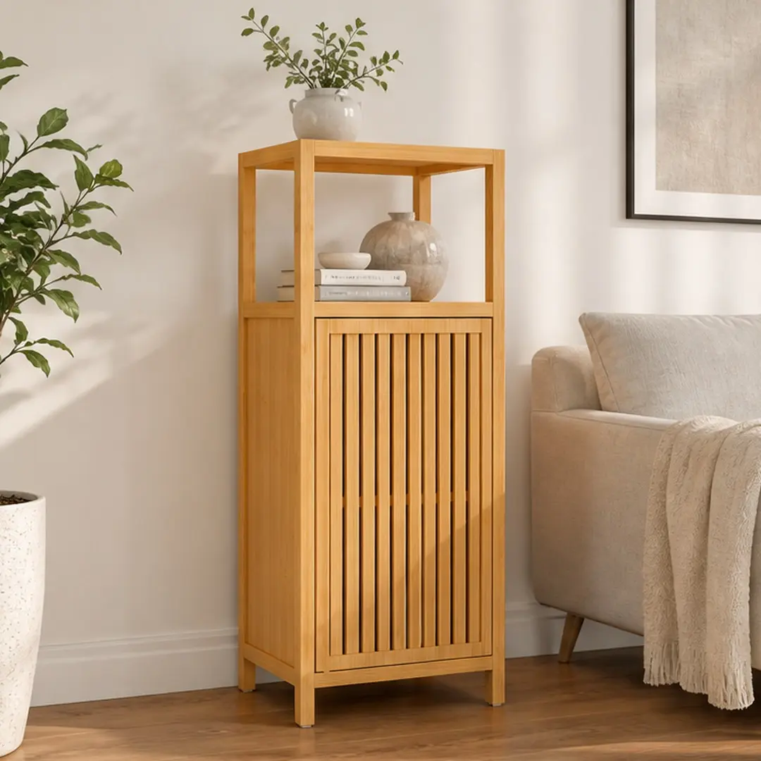 41-Inch Natural Bamboo Single Door Freestanding Indoor Storage Cabinet - Narrow Slim Space-Saving Vertical Organizer with Shelf, Easy DIY Compartmentalized Bathroom Furniture (Single Box Product) with Assembly Guide, Wipe Clean Dry Cloth