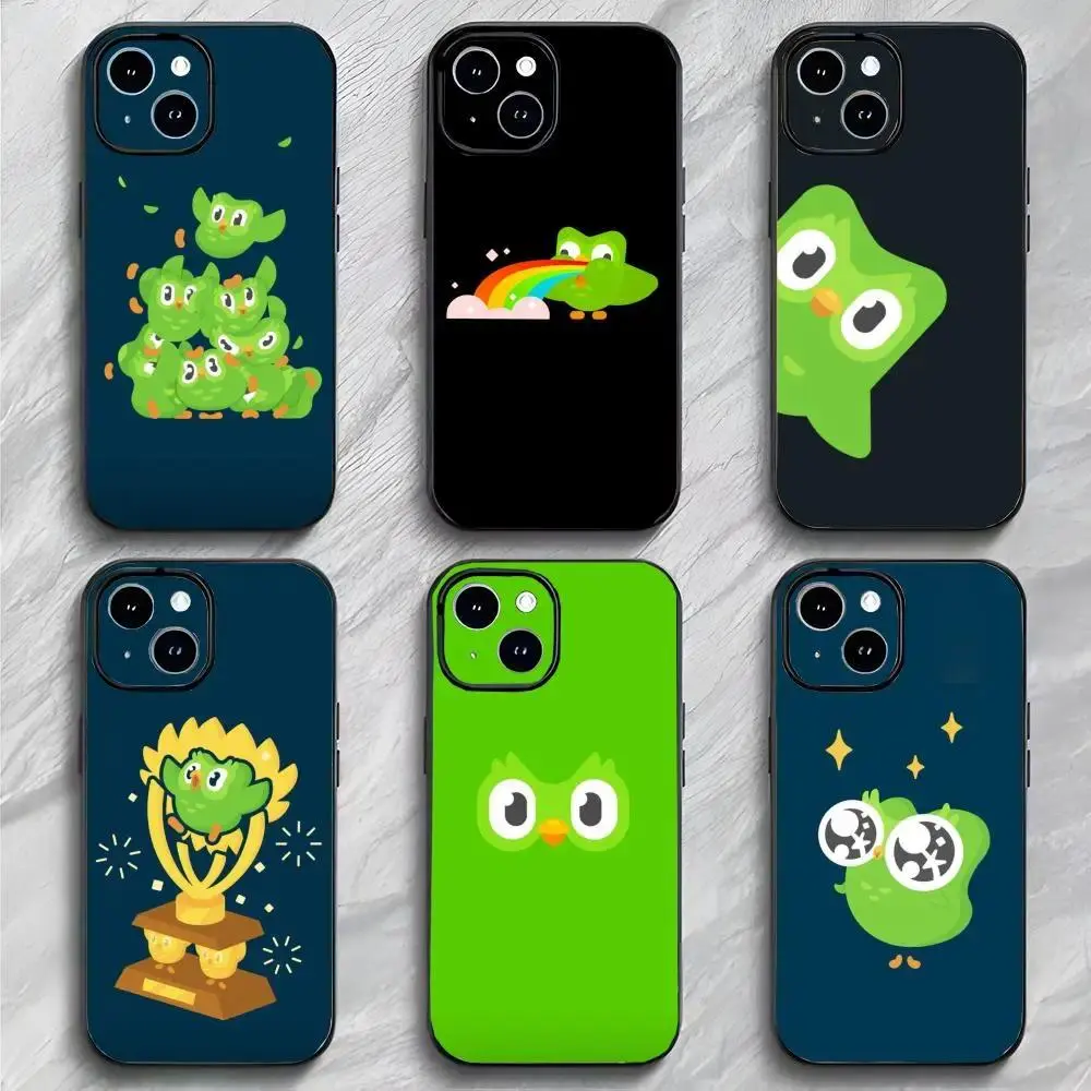 Cute Duolingo Owl Mascot Phone Case Soft Black Cover Cartoon App Character Aesthetic Lightweight Shockproof Durable Designed for iPhone 11-17 Pro Max/Plus & Samsung Galaxy S23-S25