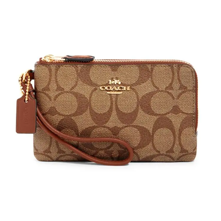 Coach Corner Zip Double-Compartment Coin Purse with Monogram Canvas and Leather Trim, Women's Clutch in Brown