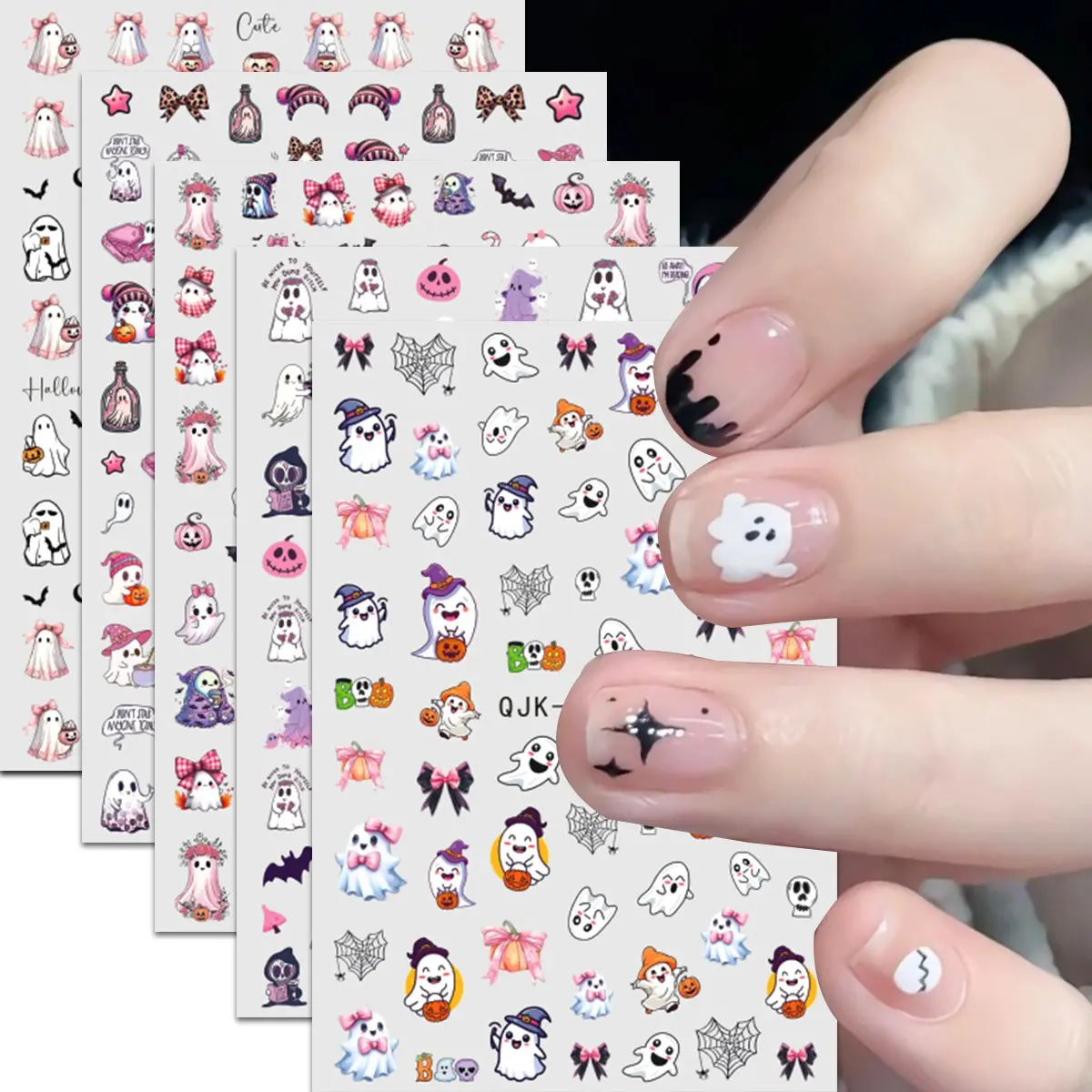 Halloween Ghost Nail Art Stickers, Cute Bow Witch Pumpkin Spider Web, Dreamy Q Cutie Style, Party Manicure Supplies