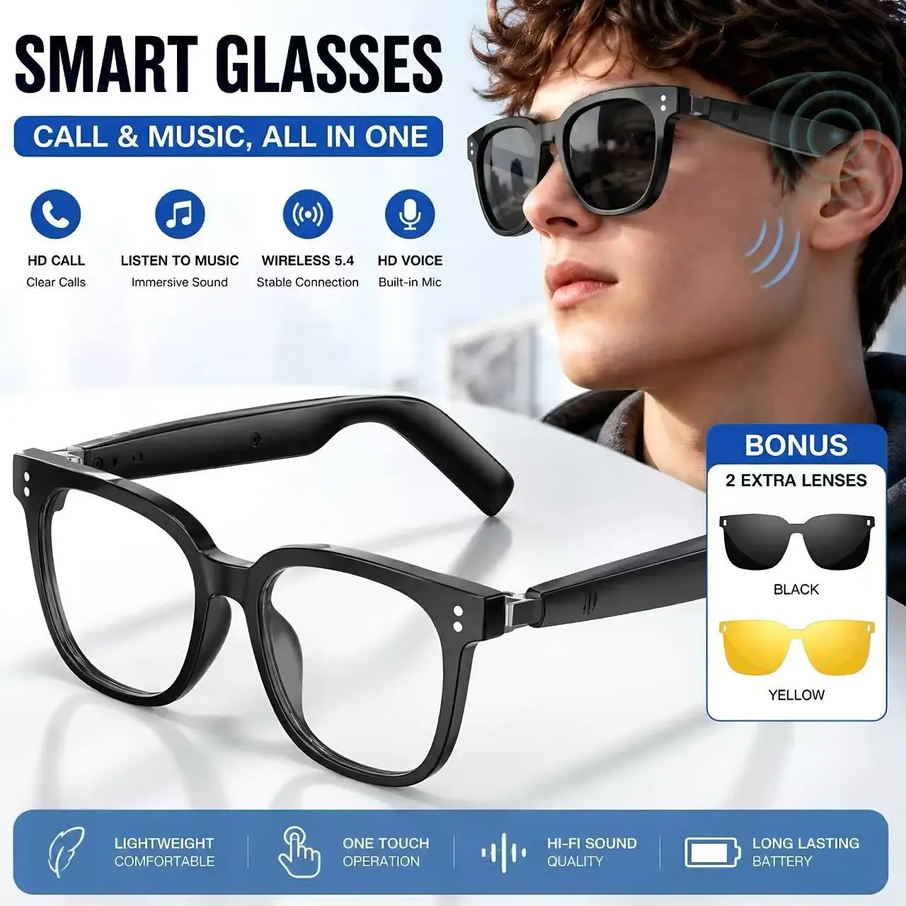 AI Bluetooth smart glasses, supporting translation of multiple language apps, equipped with replaceable magnetic lenses, filtering blue light, enhancing light, sweat proof, sunscreen sunglasses, sunglasses, suitable for travel, navigation, meetings