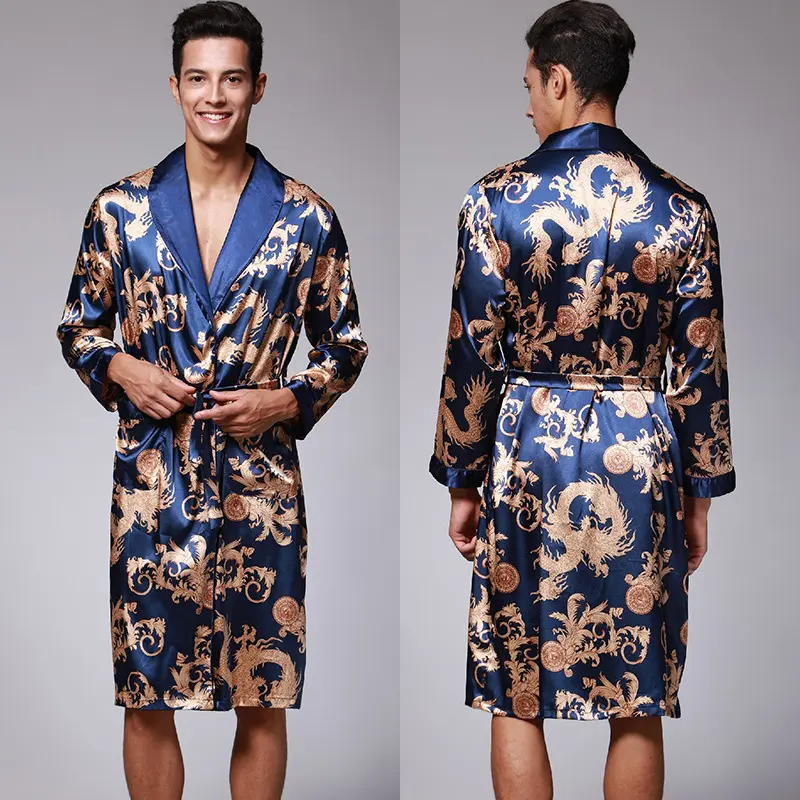 Men'S Long Sleeve Thin Golden Dragon Print Pattern Casual Robe, Outwear Pajamas Home Wear All Seasons