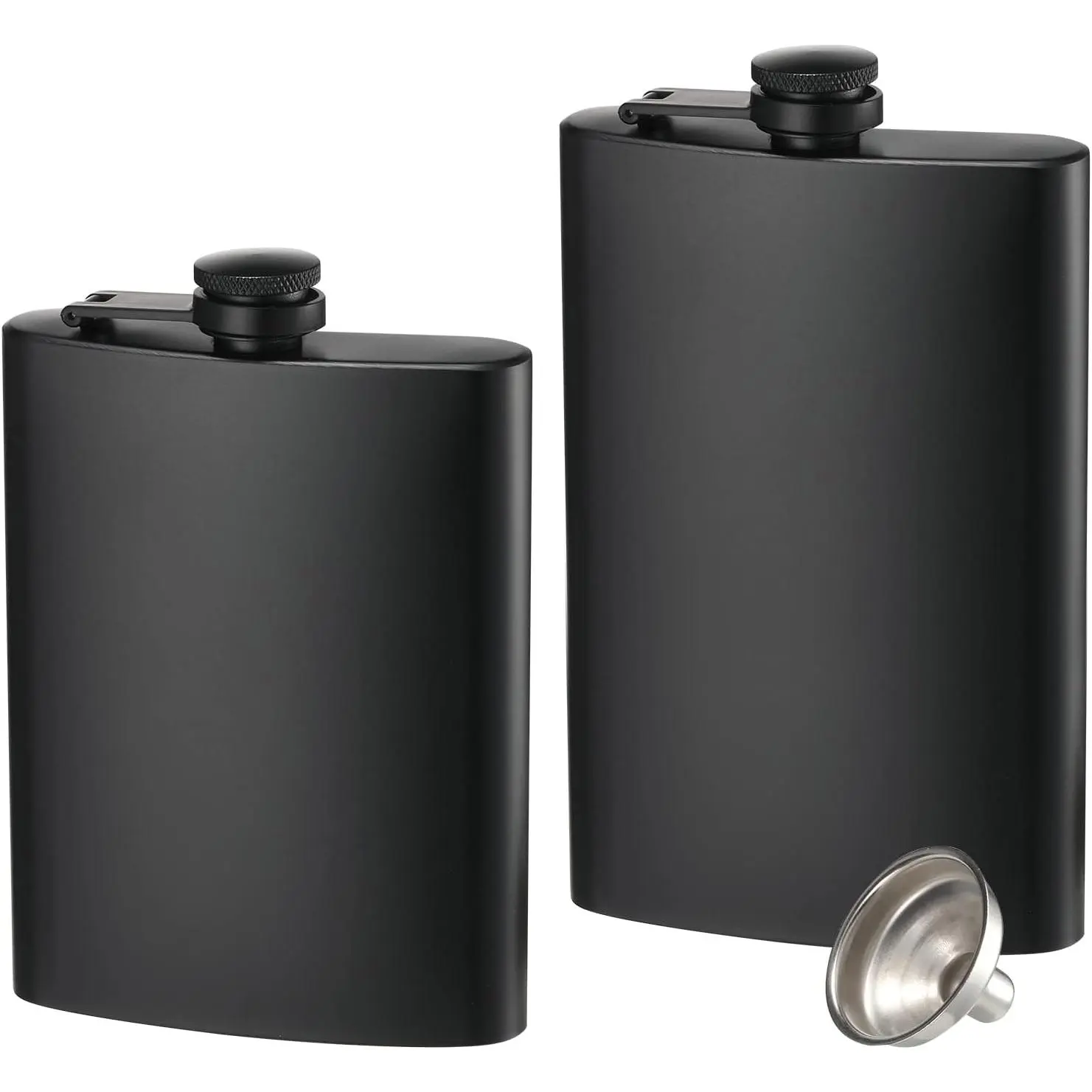 Unisex 2-Pack Compact Food-Grade SS Hip Flasks - 8 Oz & 12 Oz Leakproof Thin Camping Liquor Flasks, Easy Washing, Includes Funnel (Matte Black)