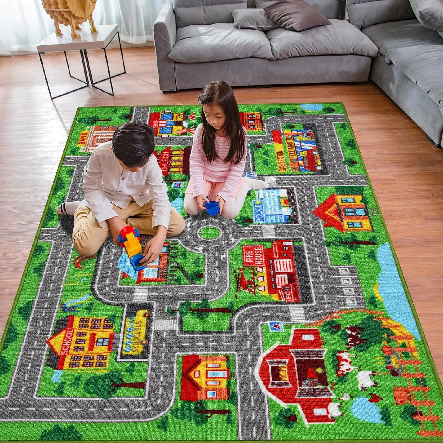 Kids Carpet Playmat Rug 59"x39.4", Car Rug  Kids Cars, Non-Slip Town City Road Map Kids Rugs  Playroom Bedroom Boys, Kids Cars Play Mat Track Road Rugs  Kid(59X39.4Inch,Green)